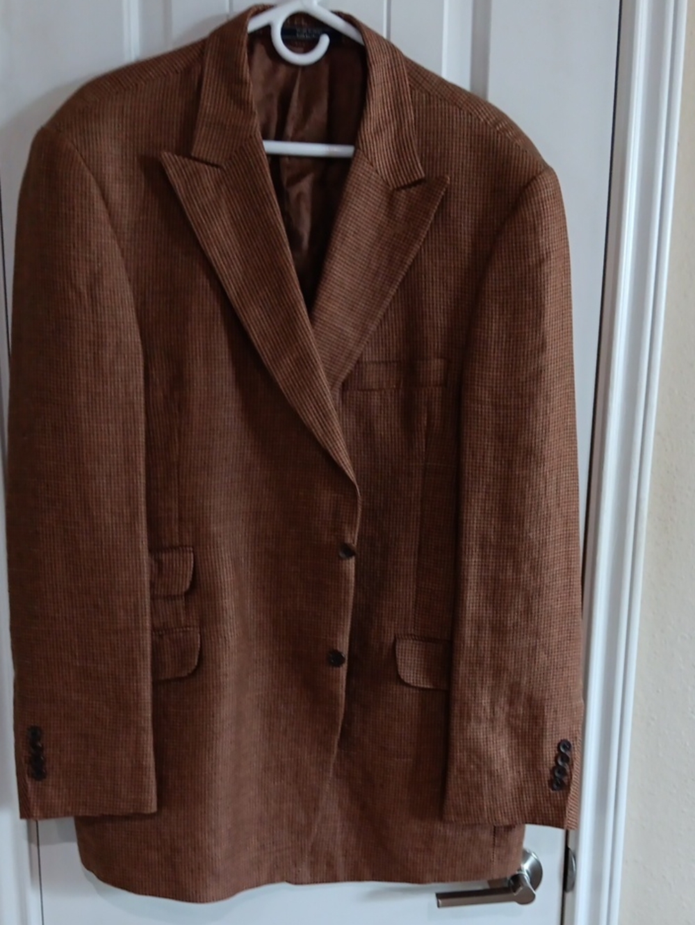 Arnold Brant Sport Coat Blazer Brown Houndstooth Hemp Linen Italy Ticket Pocket